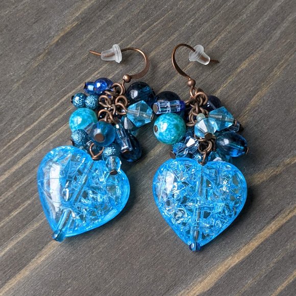 Mixed Blue Glass Bead & Blue Crackle Heart Cluster Earrings - Picture 5 of 16